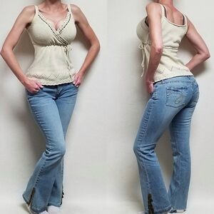 Retro Y2K Ann Taylor Loft Beige Crochet Knit Beaded Tie-Waist Tank Top Medium